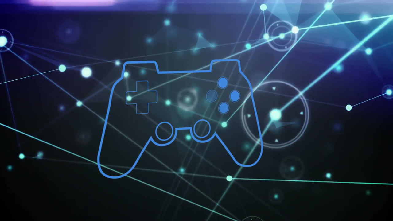 Animation of game controller with digital network connections and glowing nodes