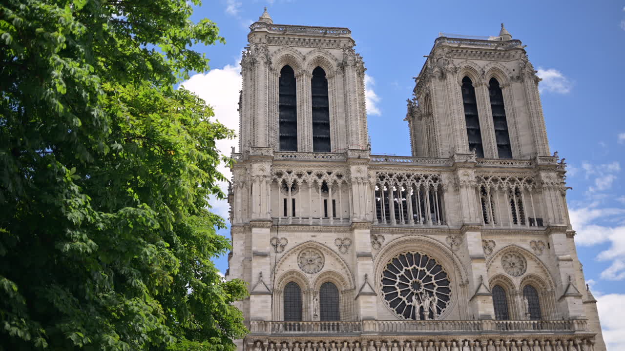 Side view of the Cathedrale Notre-Dame de Paris in France with the blue sky on the background