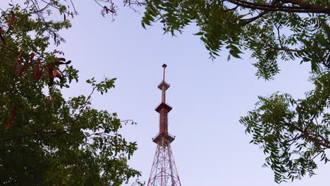 isolated transmission tower with bright sky background at evening