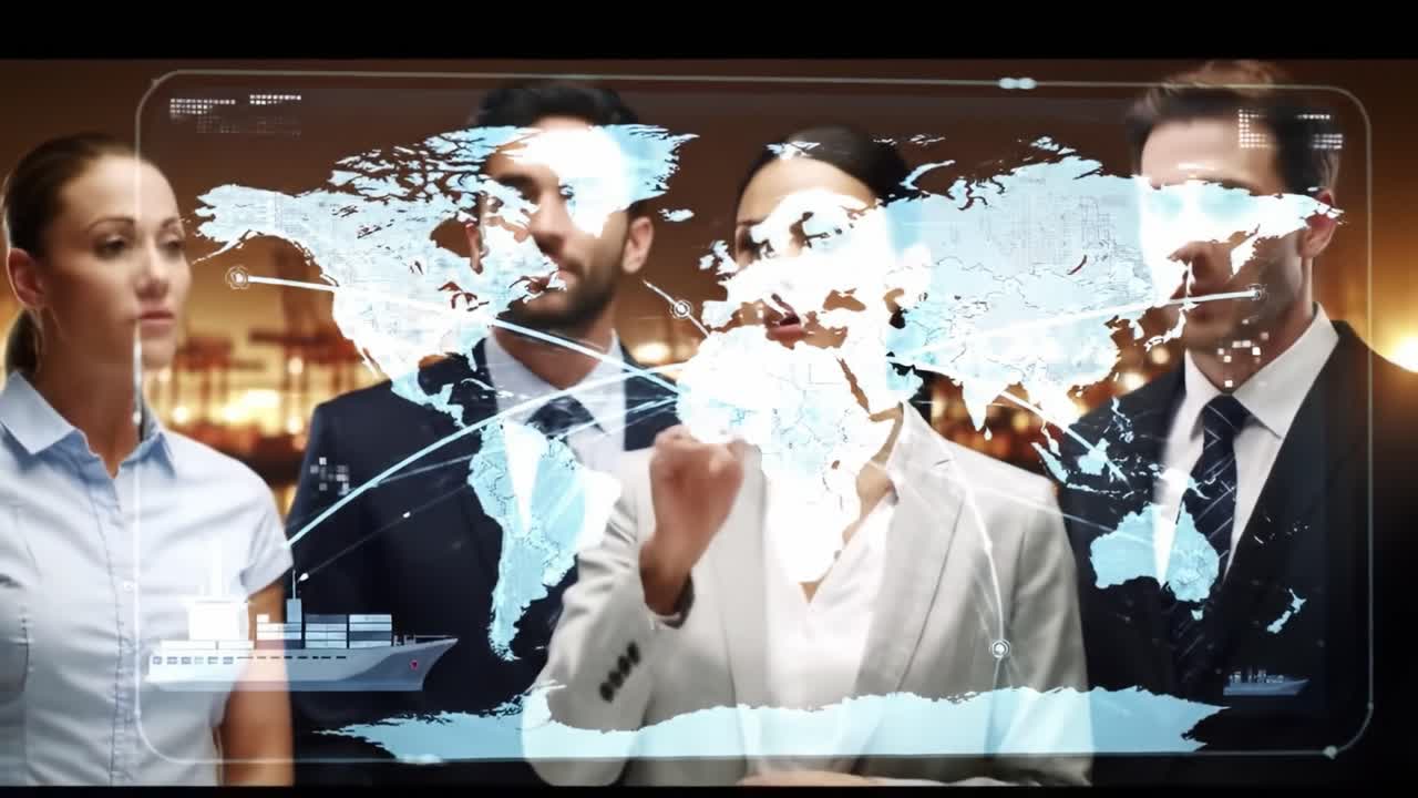 A Professional Team Collaborates Using Digital Technology to Analyze Global Connections and Data Insights in a Modern Business Environment
