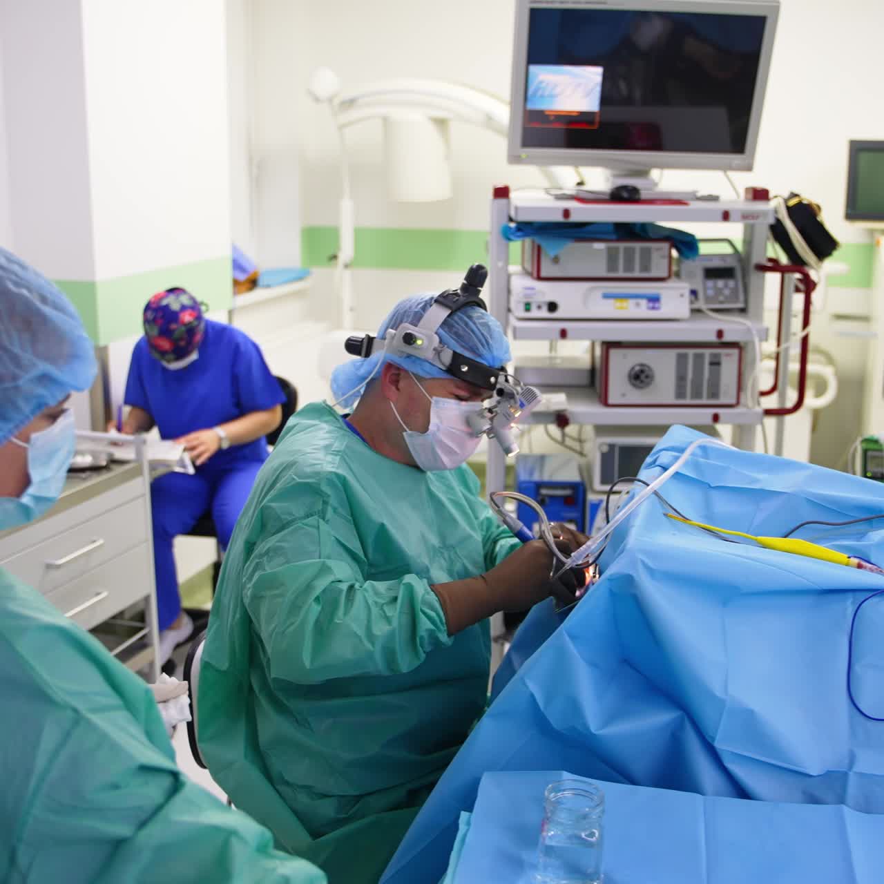 Modern operational theatre with otolaryngology surgery process. General look at the up-to-date surgical room with advanced equipment