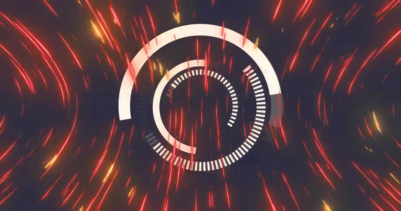 Interfaccia HUD concentrica che ruota e pulsa con scie rosse che si irradiano verso l'esterno, visualizzando dati