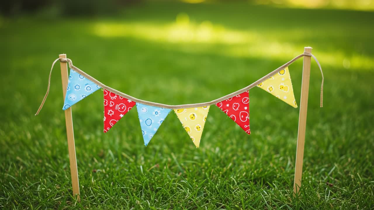 A vibrant display of colorful decorative bunting strung between two wooden poles, set against a lush green grass backdrop, perfect for festive celebrations and events