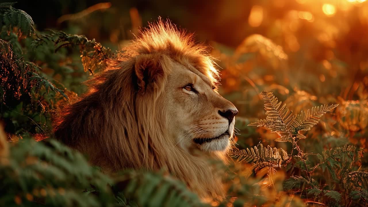 Majestic Lion in Golden Grassland at Sunset, Captured in Two Stunning Frames Reflecting the Serenity and Power of Nature's King Amidst Eloquent Wilderness