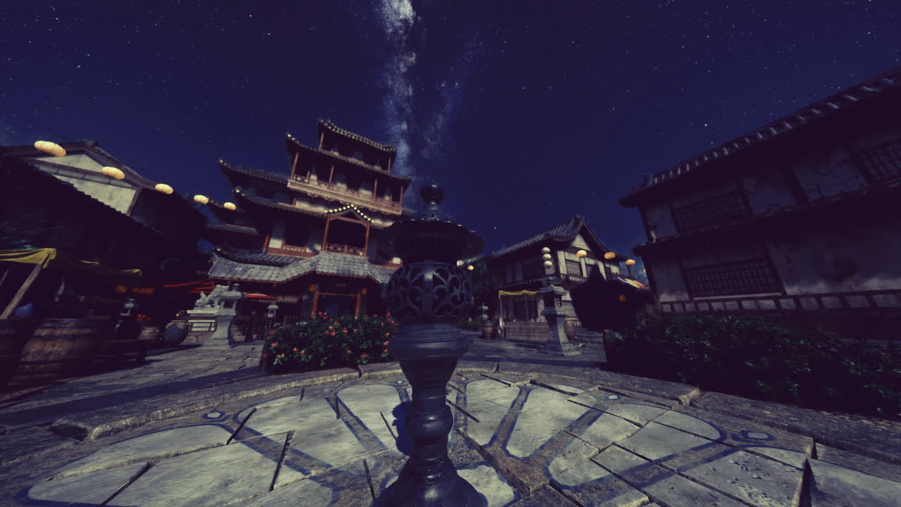 Nighttime courtyard illuminated by stars with traditional architecture nearby