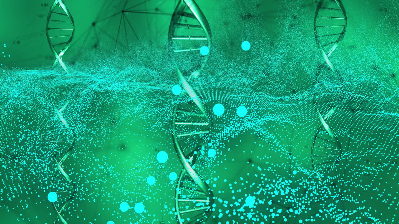 Animation of dna strands and mesh of glowing spots on green background