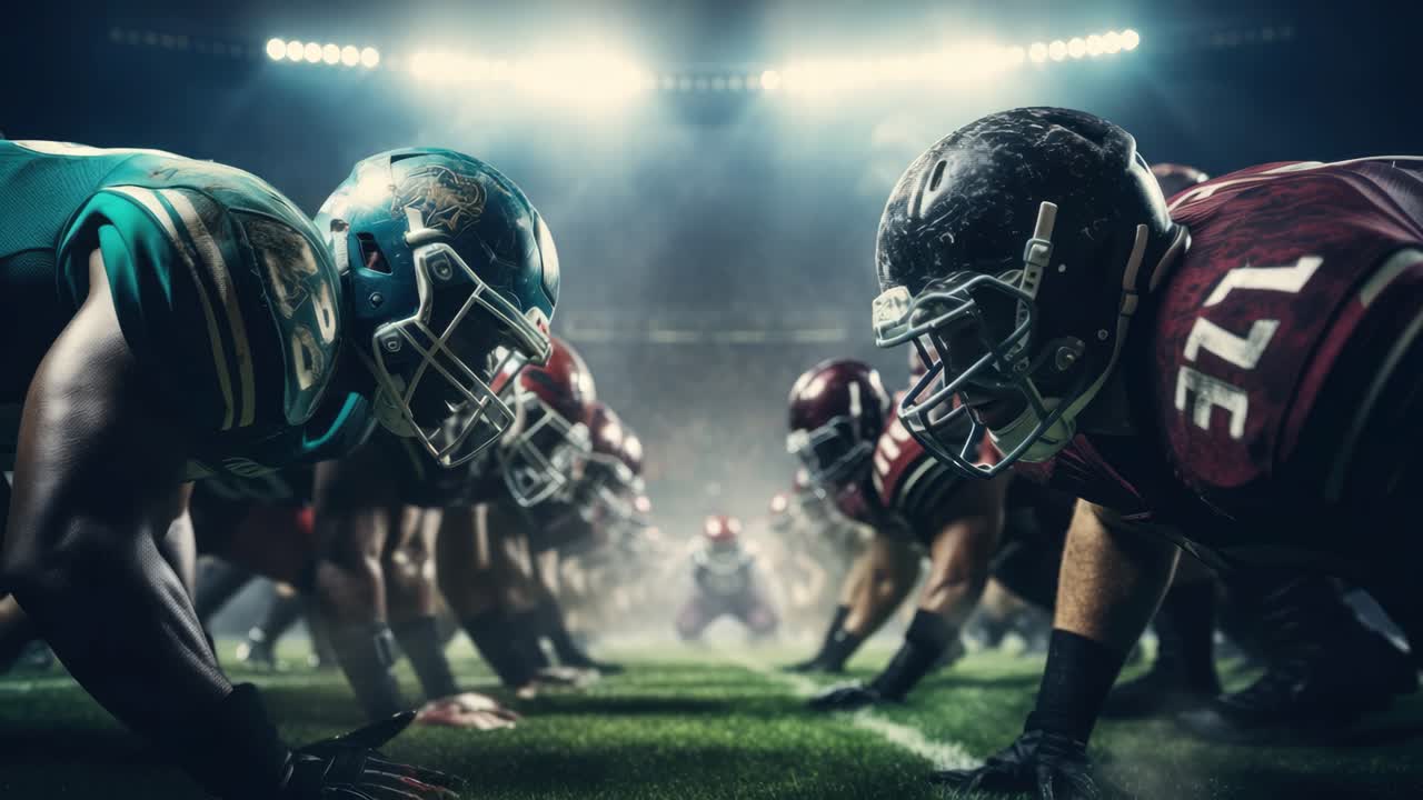 Dramatic low-angle shot of football players facing off on the field, under stadium lights