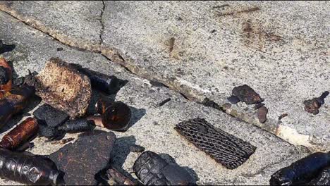 black oil covered marine debris, flotsam that washed up on the shore of lazarus island in singapore due to an oil spill