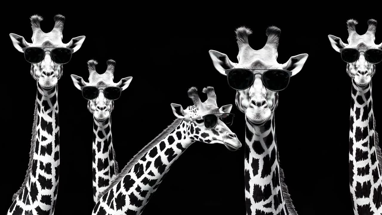 Black and white video concept featuring giraffes wearing sunglasses