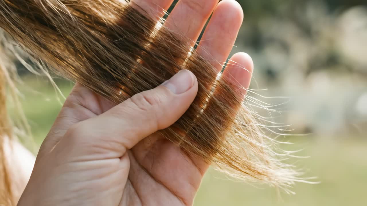 Close-up Tangan Memegang Rambut Sehat di Bawah Sinar Matahari