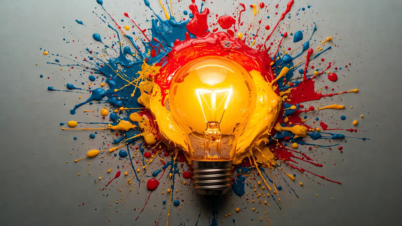 Bursting paint pools flinging red, blue, yellow splashes around glowing light bulb on gray table