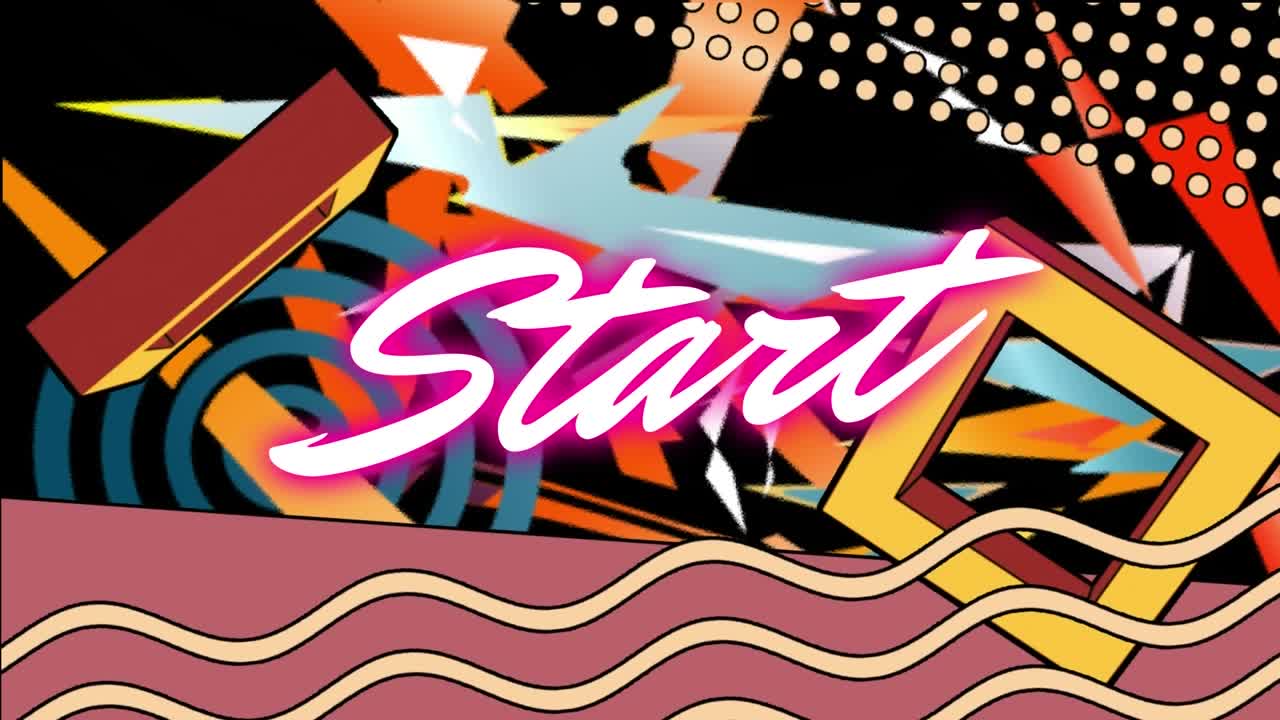 Animation af starttekst over abstrakte former på sort baggrund