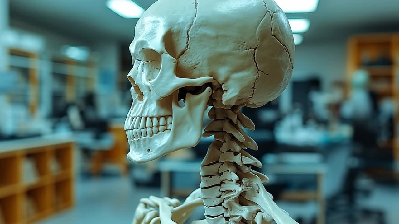 Educational display of a skeleton model. A detailed skeleton model is showcased in a classroom, highlighting anatomical features and aiding learning.