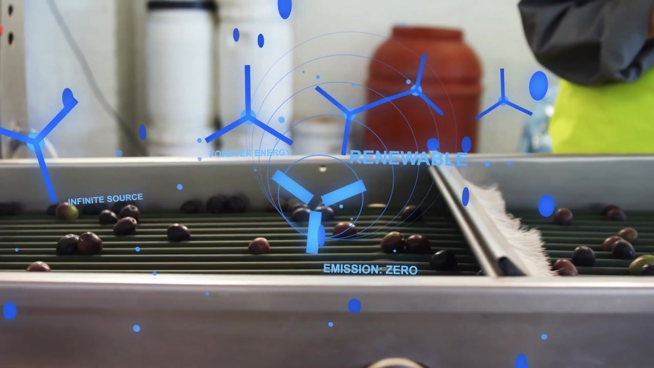 Sensor activating plow food line nudging olives onward worker watching blue energy overlay floating
