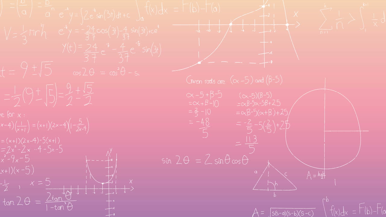 Animation of mathematical equations floating against pink gradient background