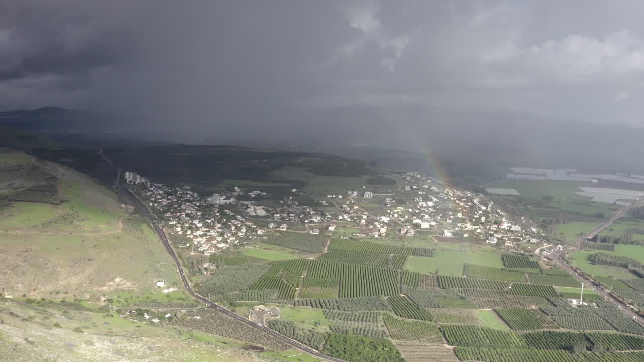 Rainbow over a Rural Landscape from an Aerial View
