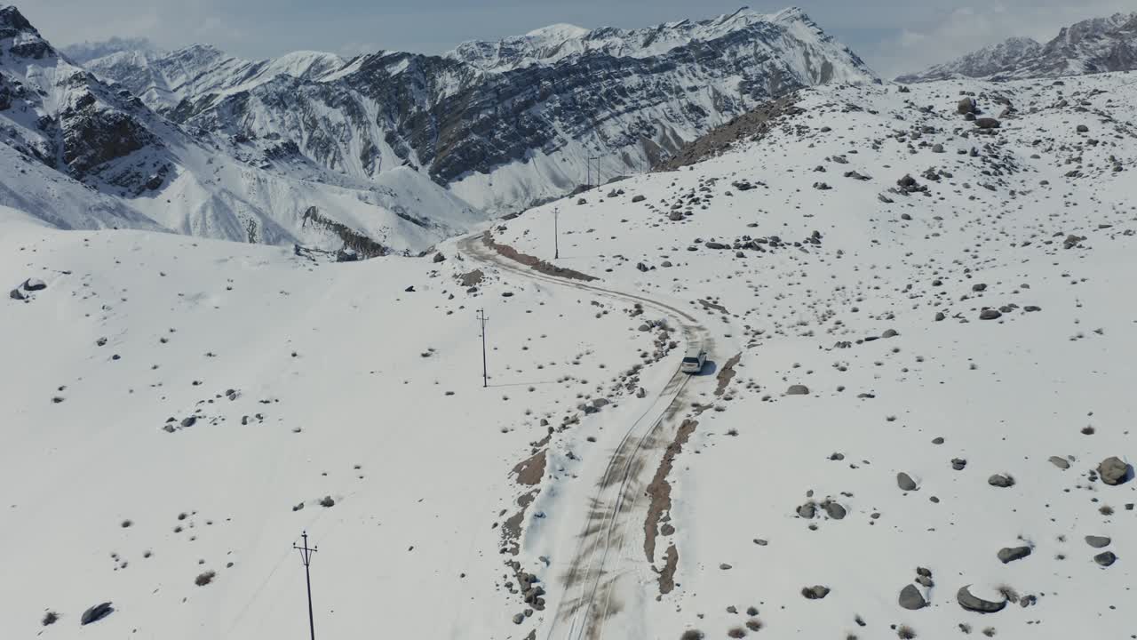 Vehicle traveling on winding snow-covered road through high-altitude Himalayan terrain in Ladakh, India. Aerial tracking shot follows the car through the barren winter landscape with mountain peaks