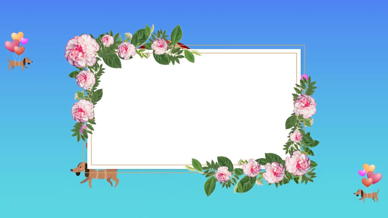 Animação de banner floral com espaço para texto sobre ícones de cães presos a balões em fundo azul