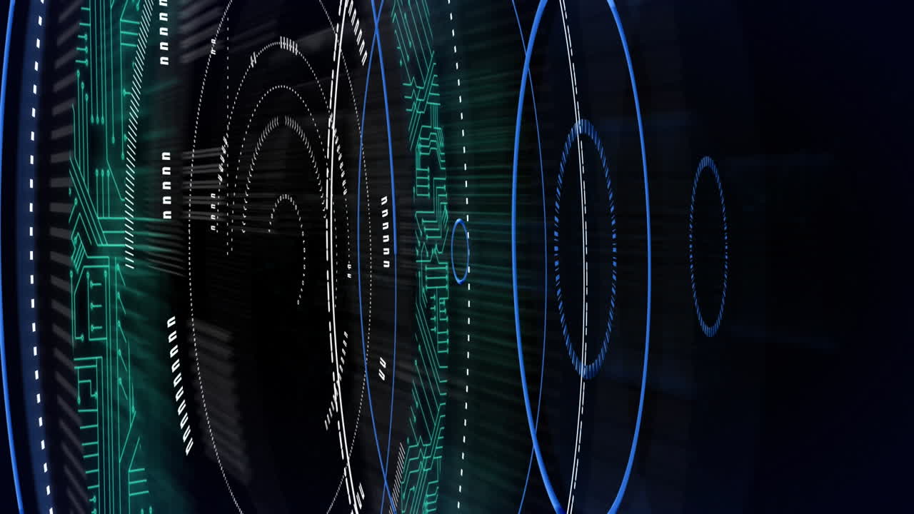 Microprocessor connections over multiple neon round scanners on black background