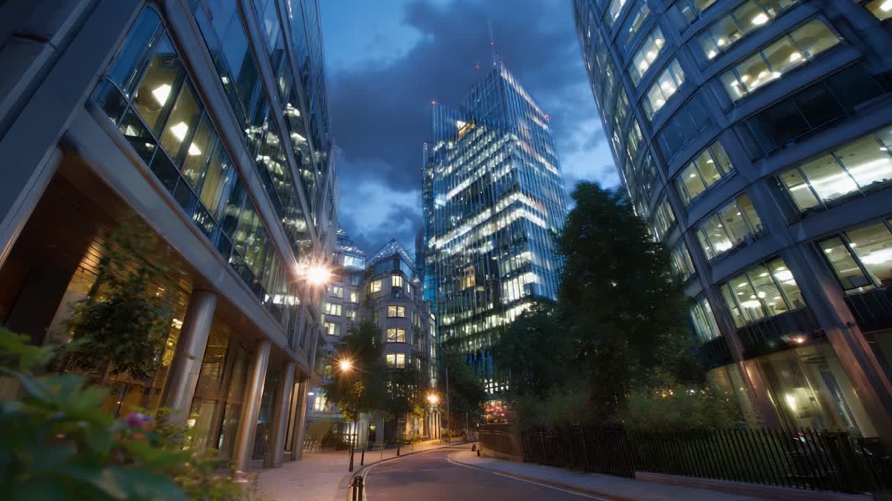 Paisagem urbana cativante de arranha-céus iluminados à noite, mostrando a arquitetura moderna em meio ao desenvolvimento urbano em um ambiente dinâmico