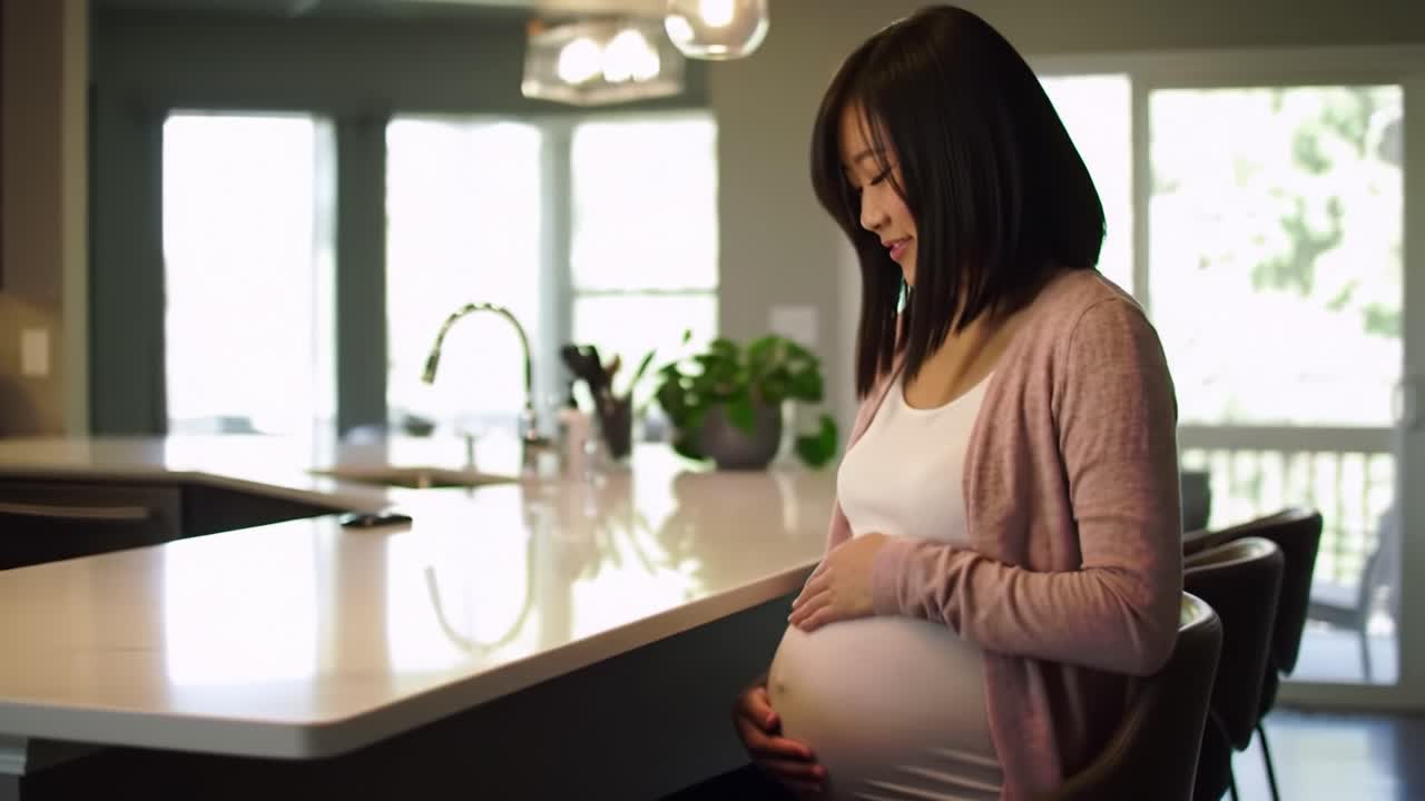 A pregnant woman stands in her modern kitchen, gently cradling her baby bump and reflecting on her journey. Warm light fills the space, enhancing the serene atmosphere of anticipation and joy.