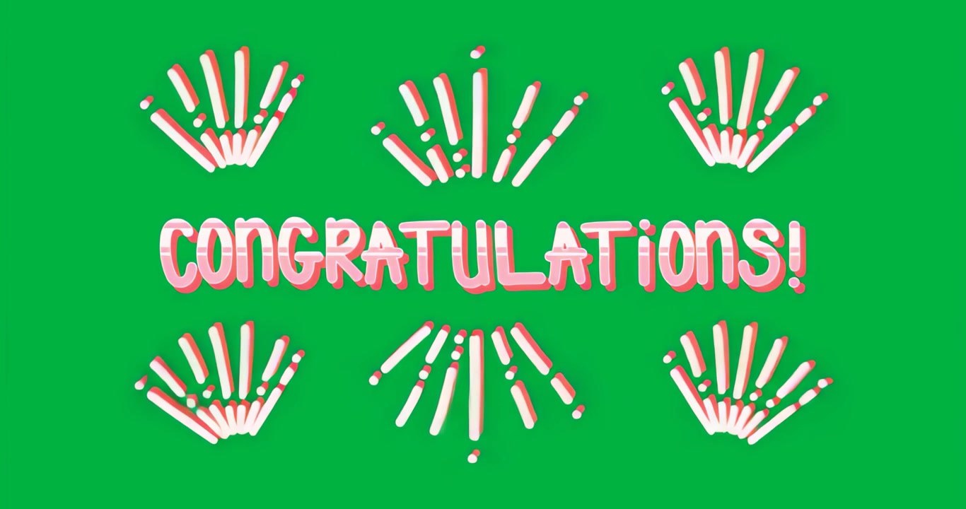 At start, 3D CONGRATULATIONS appearing with bursts pulsing fading celebrating on transparent layer
