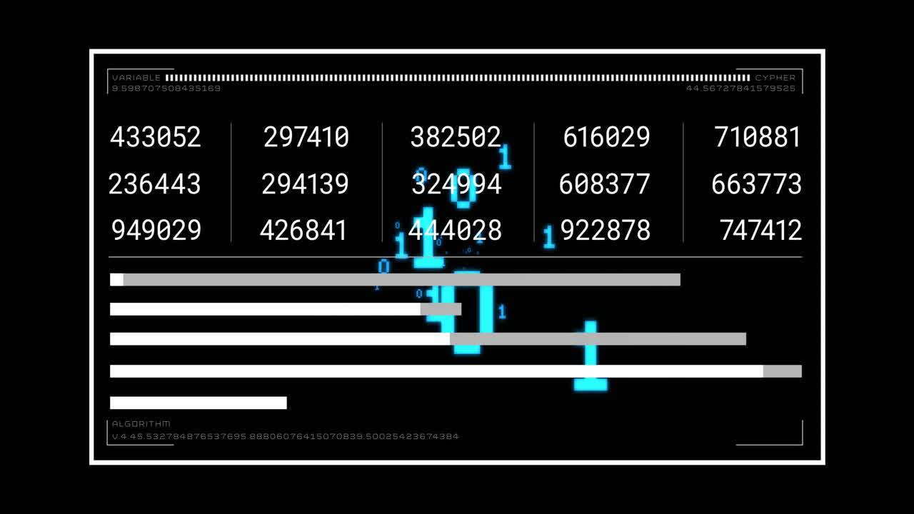Animation of binary coding and data processing over black background