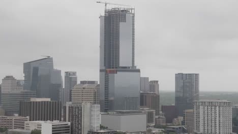 Close up of buildings in downtown Austin, Texas with drone video parallax view going in and down