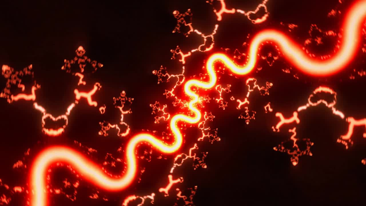 Oscillating neon red ribbon at center, causing pulsing fractal branches and emitting sparks in void
