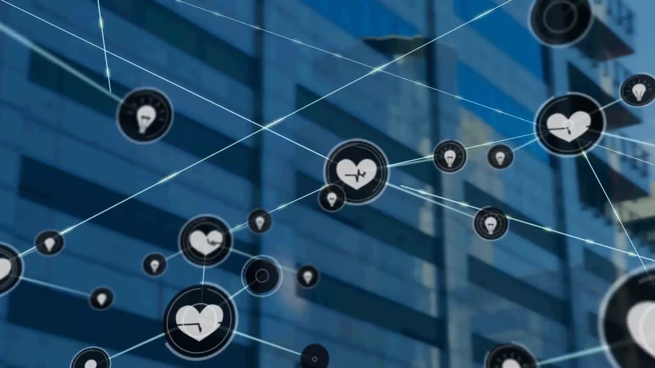 현대적인 사무실 건물 위의 아이콘과 연결 네트워크의 애니메이션