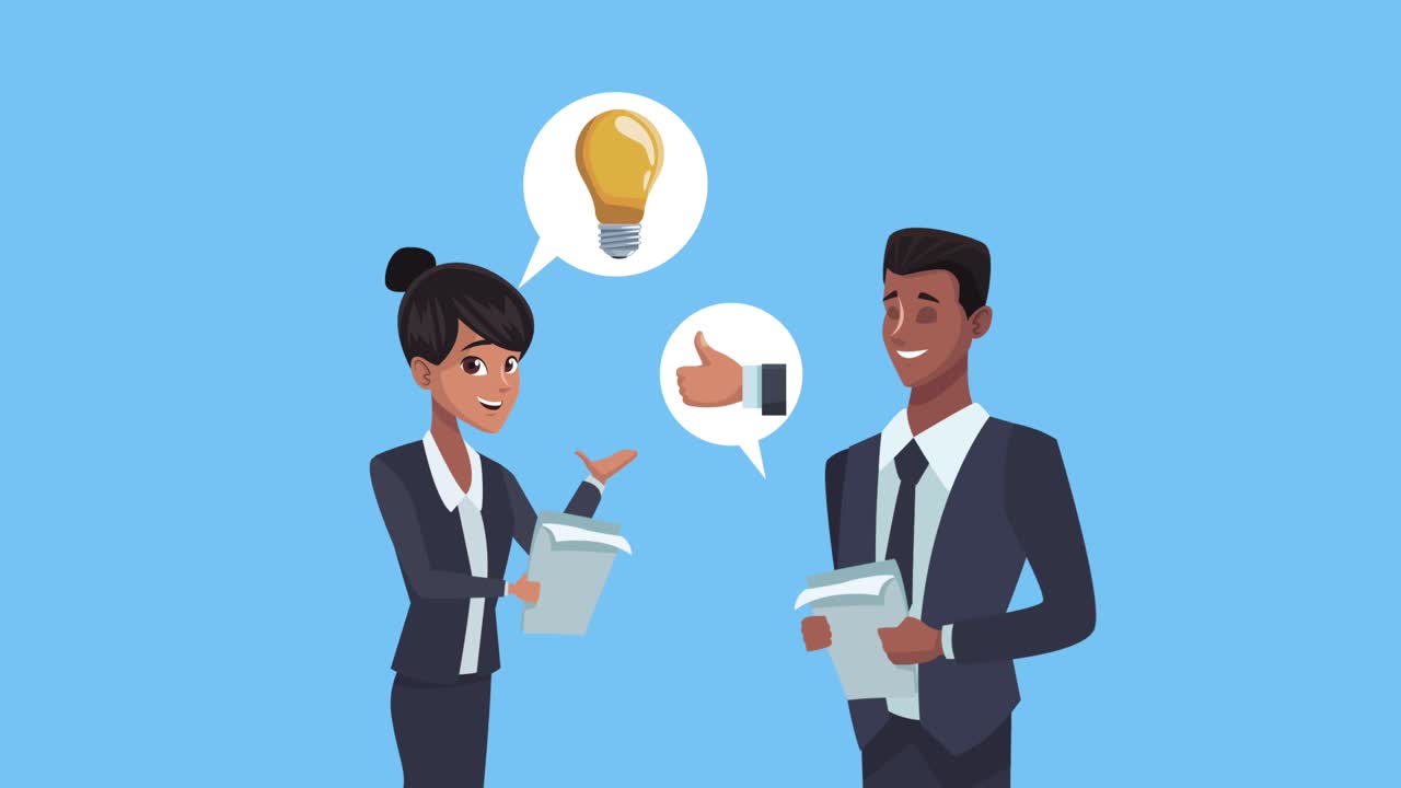 interracial business couple coworkers with icons