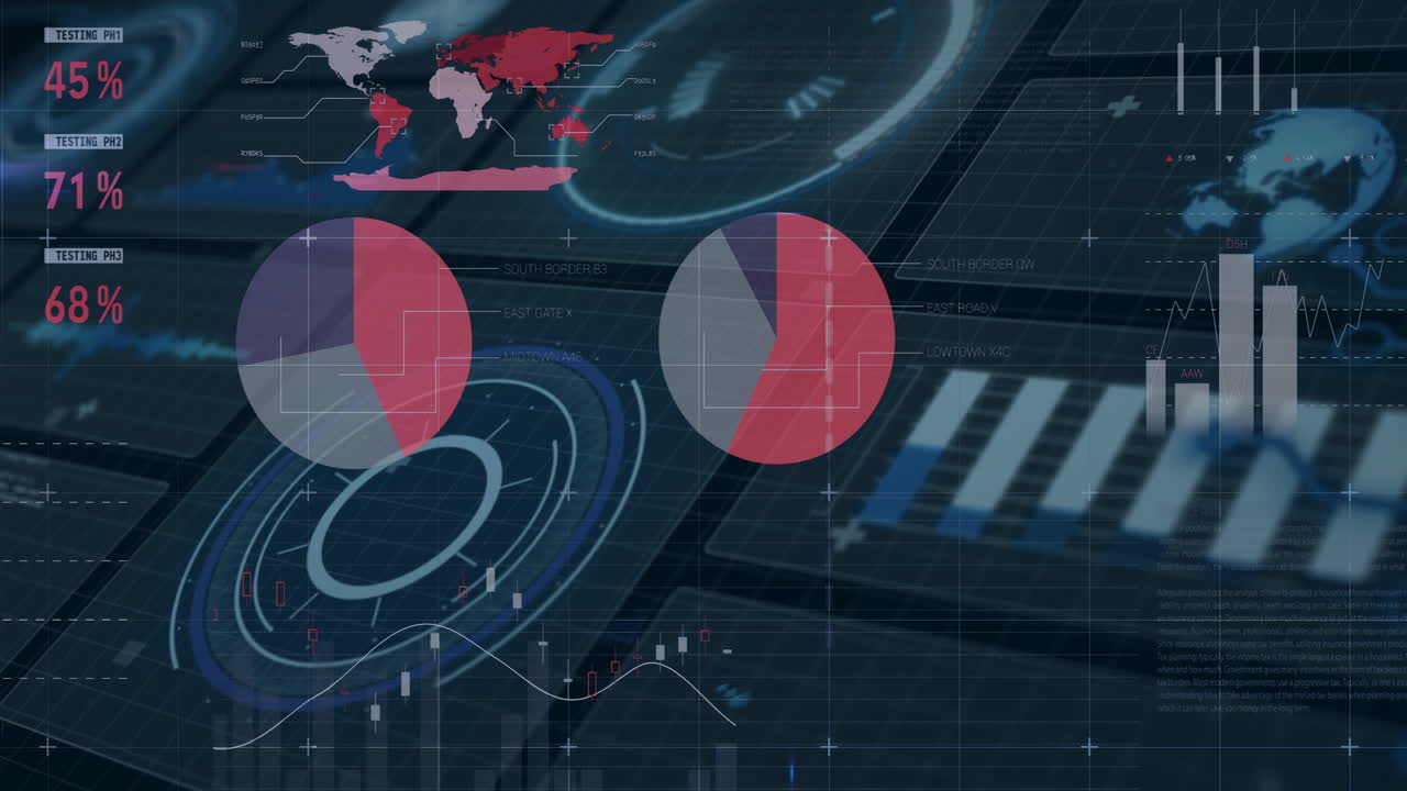 Animation of global data analytics with charts and graphs over digital world map