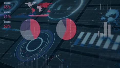 animation of global data analytics with charts and graphs over digital world map