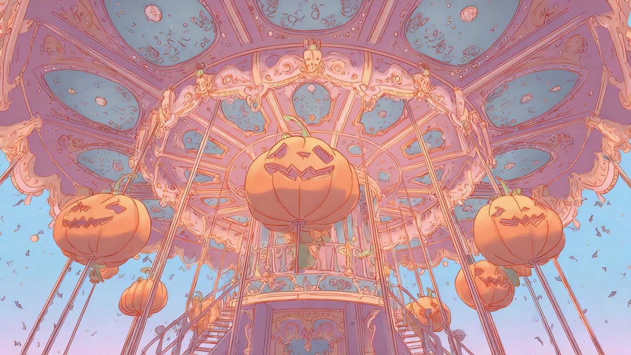 Whimsical Halloween Carousel: A Stunning View of a Unique Theme Park Attraction Surrounded by Floating Pumpkin Lanterns and a Colorful Sky