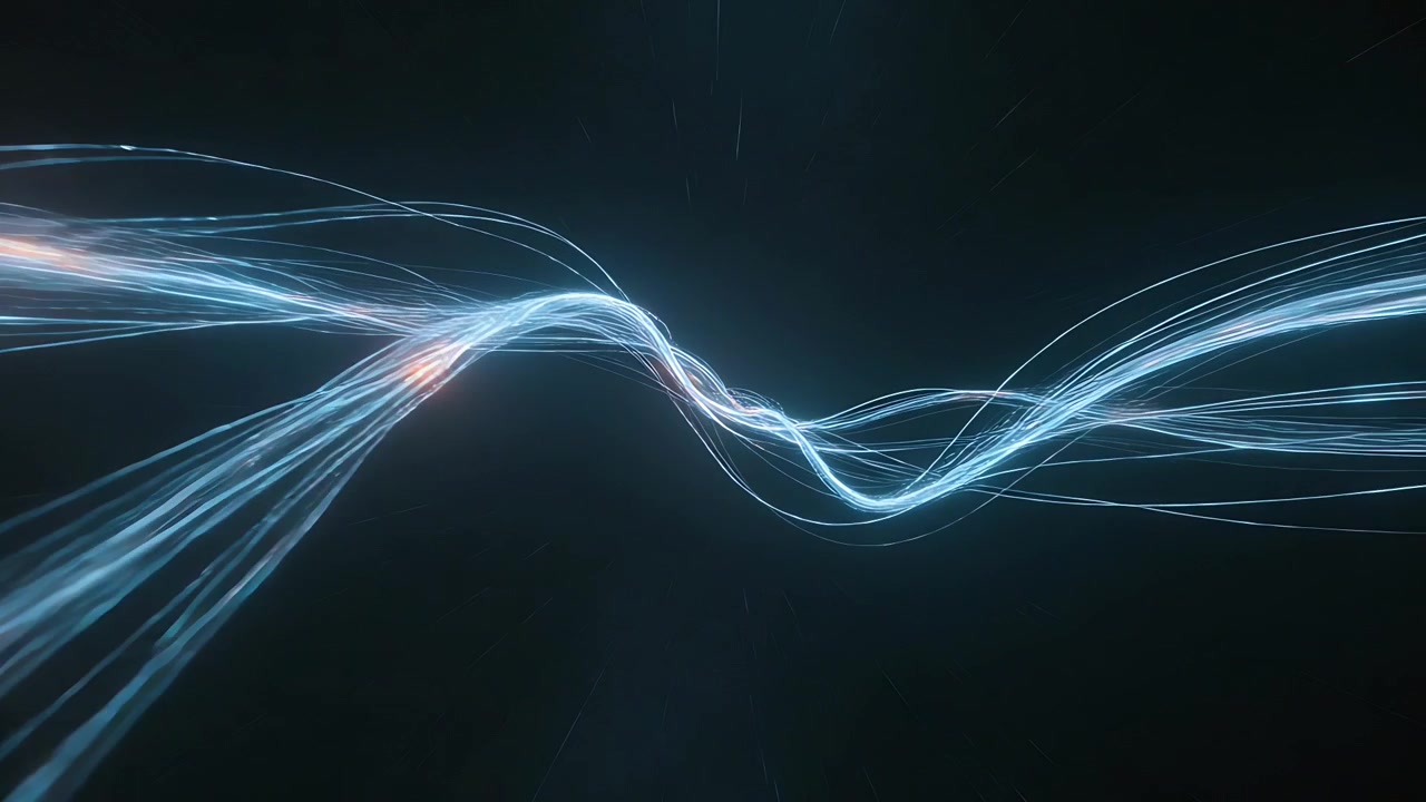 Entering left, blue-white strands sweeping in dark void, crossing and forming orange node pulses