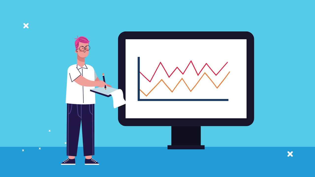 businessman writing in checklist with desktop animated