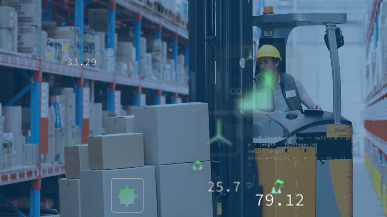 창고에서 일하는 백인 남성에 대한 생태 아이콘과 데이터 처리의 애니메이션