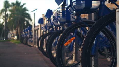 close-up of blue rental bikes standing at the side of the road