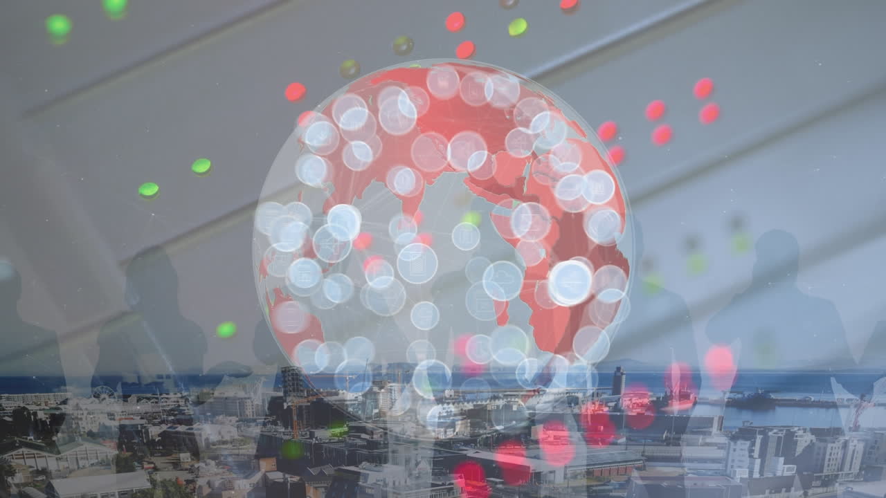도시 풍경 위의 아이콘과 글로브로 연결된 네트워크의 애니메이션