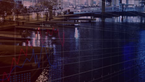 animation of financial data processing over cityscape