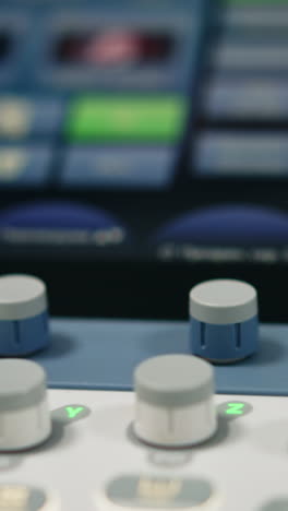 switched on touch screen of the sonographic equipment in modern clinics. set of diverse keys and buttons close up. blurred backdrop.