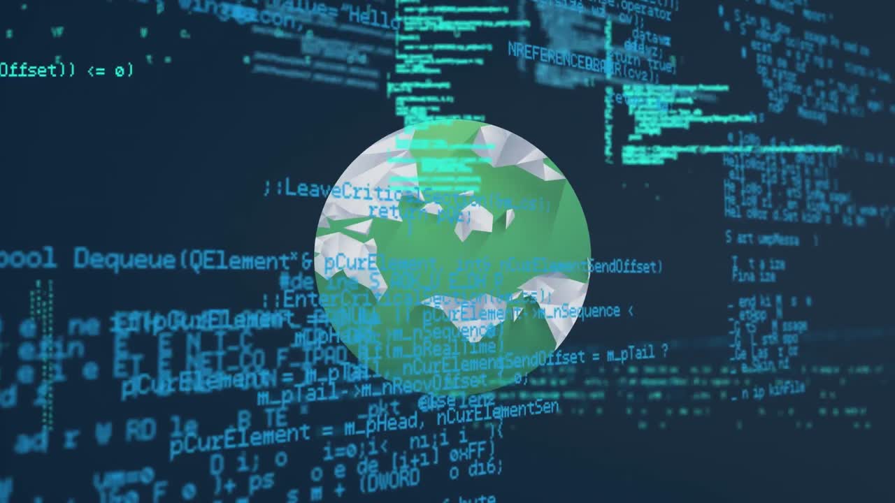 animación digital del procesamiento de datos contra el globo sobre fondo azul