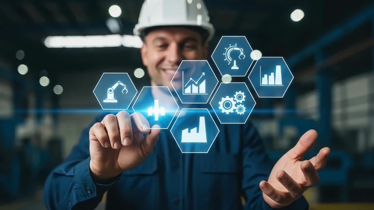 Industrial Engineer Managing Factory Automation with a Virtual Technology Interface