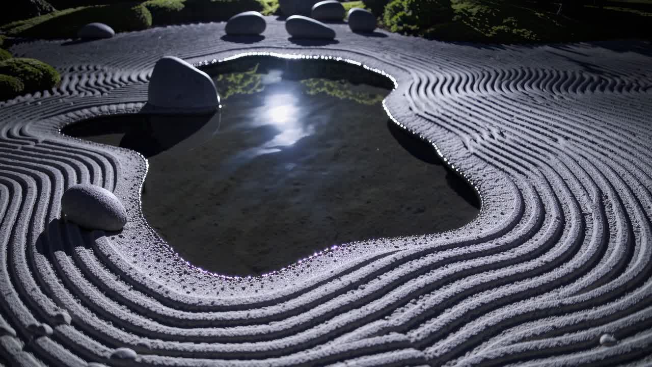 밤 에 물 을 즐길 수 있는 젠 정원