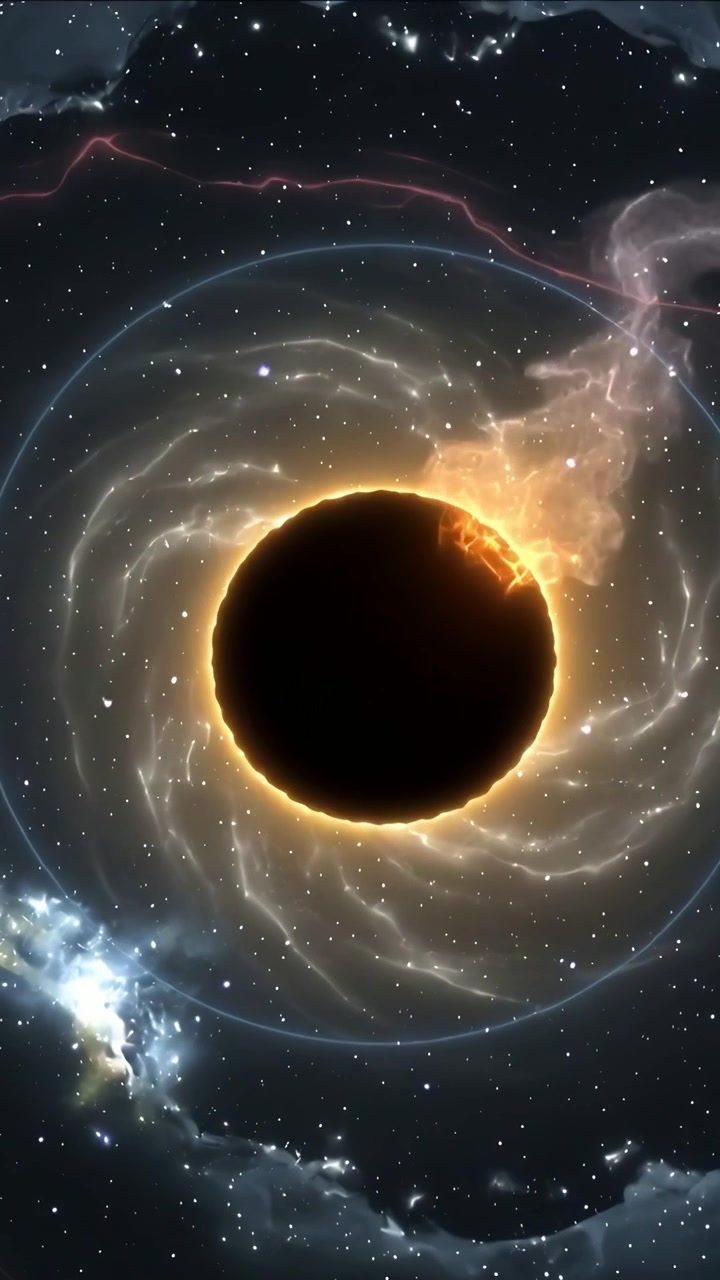 Vertical video: Flare appearing on rim, dark disk sending orange plume agitating rings in space