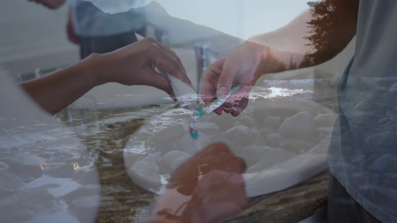 Brushing teeth, hands with animation over serene landscape with rocks and trees