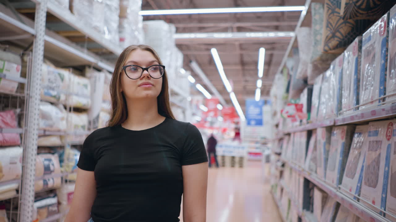 Donna con top nero che cammina vicino allo scaffale di un supermercato, concentrata sull'esposizione di prodotti tessili, con sfondo sfocato che mostra un altro cliente che spinge un carrello in lontananza, ambiente luminoso di vendita al dettaglio.