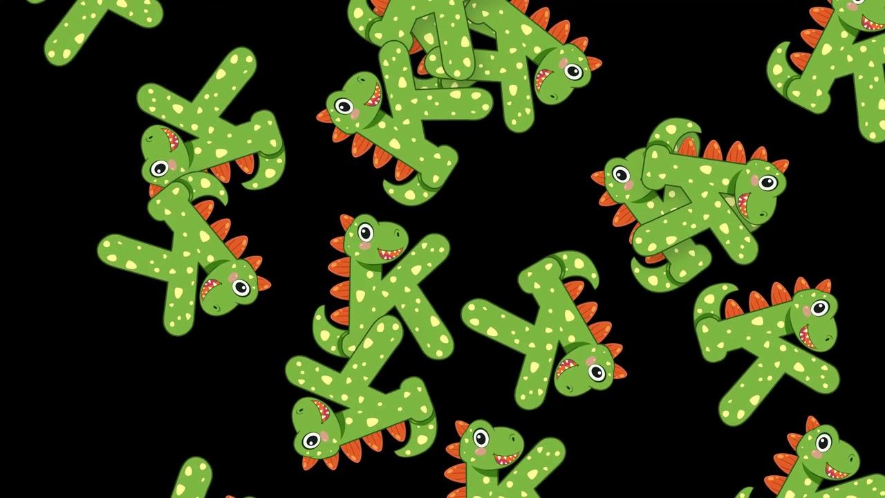 Personaggi di dinosauri verdi carini cadono e rotolano attraverso lo spazio nero in un'animazione giocosa.