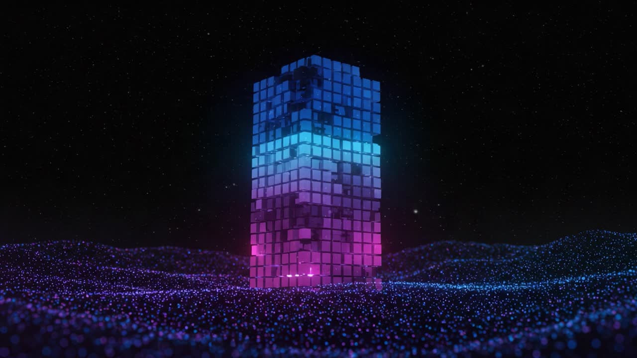 Una visualizzazione ipnotica di pixel vibranti e cubi luminosi, che si trasformano dinamicamente in un paesaggio etereo di punti luminosi in un cosmo digitale