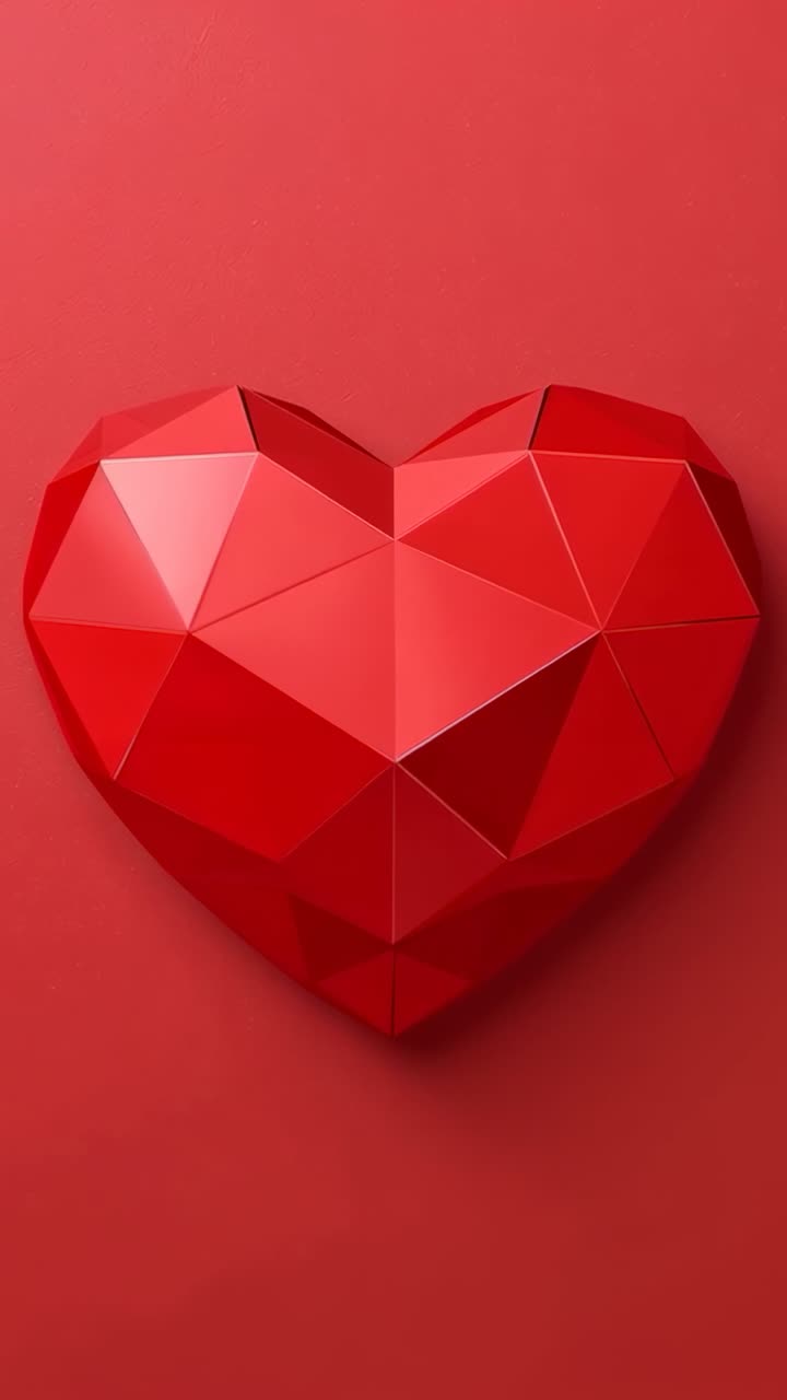 Video verticale: clip che mostra un cuore rosso sfaccettato centrato su una parete rossa, con sfaccettature lucide